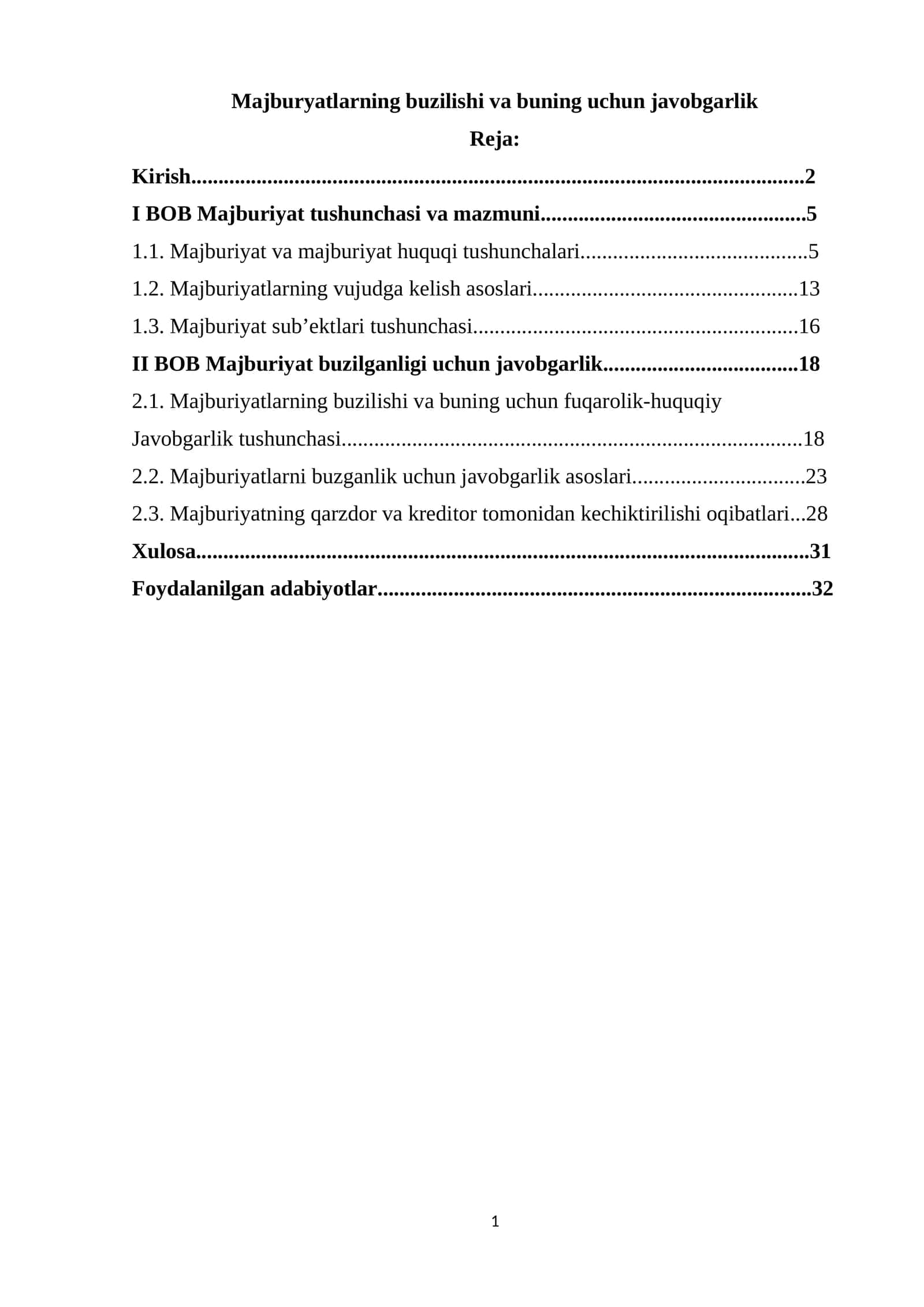 Majburyatlarning buzilishi va buning uchun javobgarlik Kurs ishi 1
