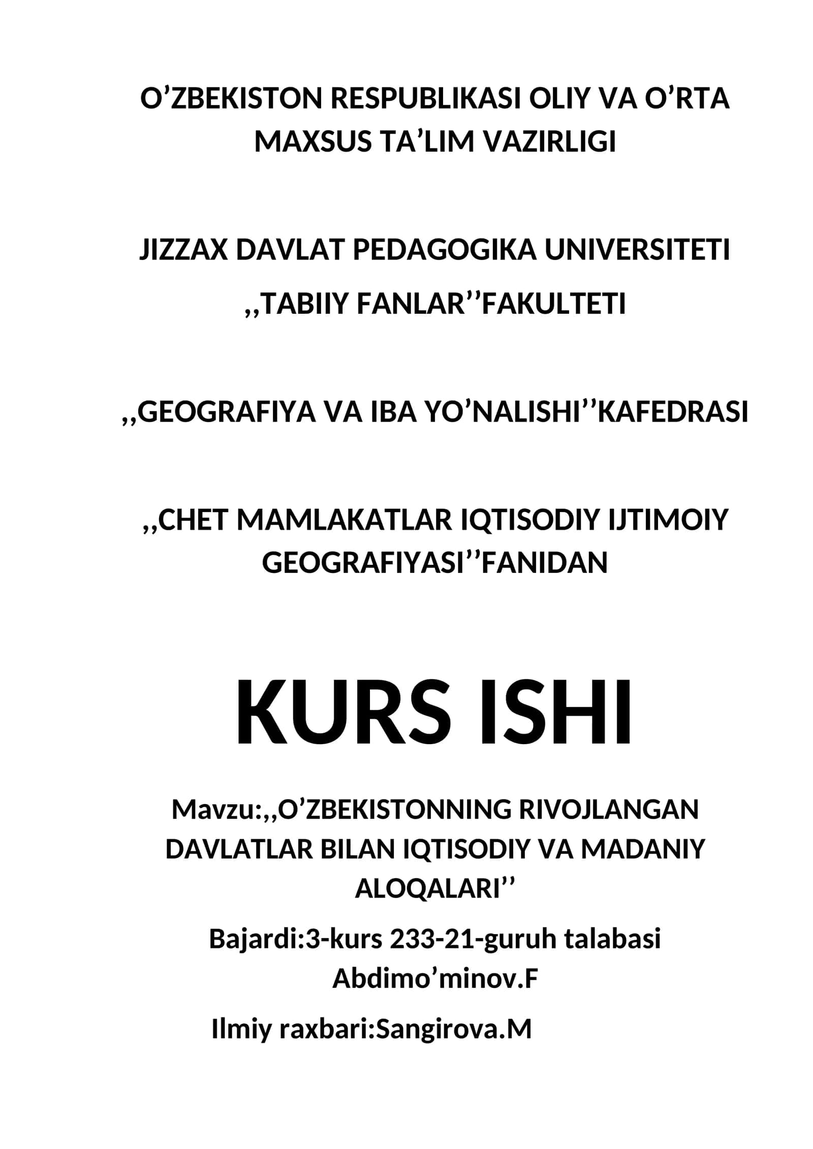 O’ZBEKISTONNING RIVOJLANGAN DAVLATLAR BILAN IQTISODIY VA MADANIY ALOQALARI 1