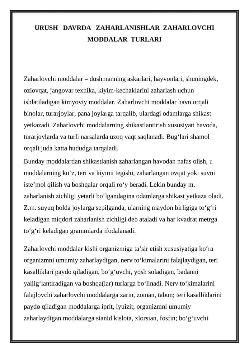 URUSH   DAVRDA   ZAHARLANISHLAR  ZAHARLOVCHI  MODDALAR  TURLARI 1