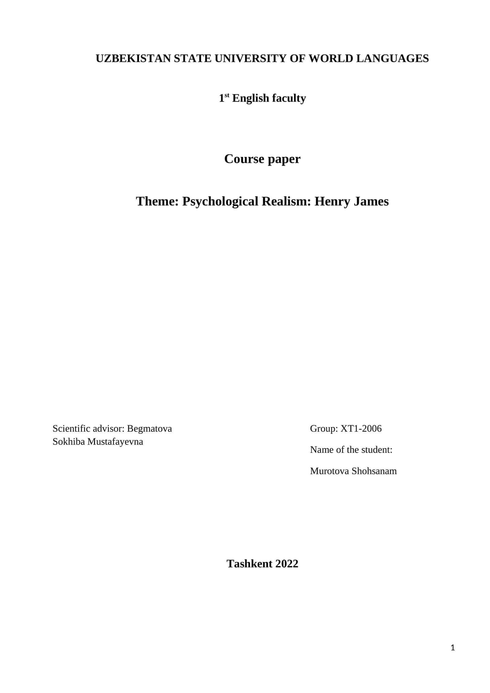 Psychological Realism: Henry James 1