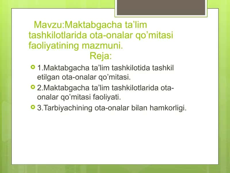 Maktabgacha ta'lim tashkilotlarida ota-onalar qo'mitasifa faoliyati 1