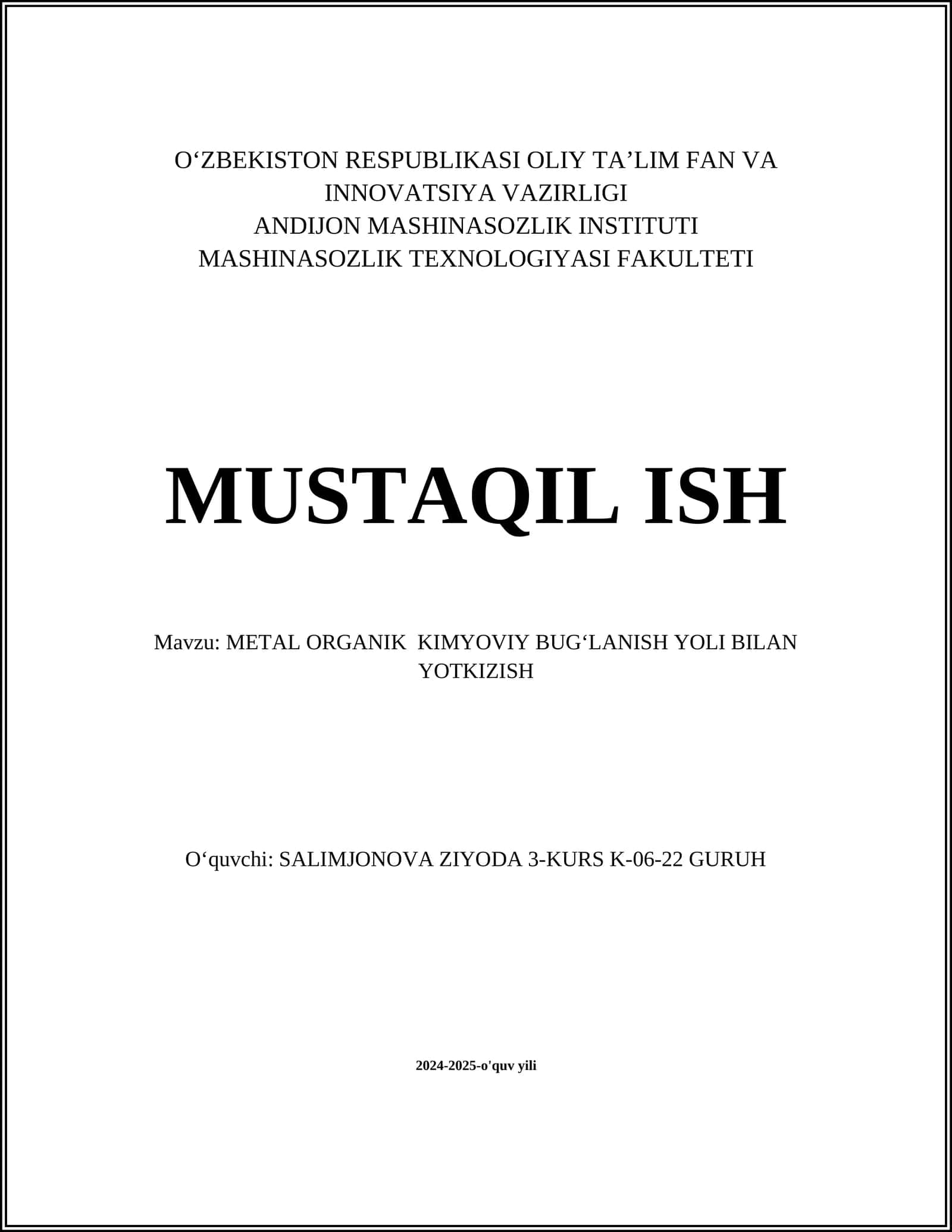 METAL ORGANIK KIMYOVIY BUGʻLANISH YOLI BILAN YOTKIZISH 1