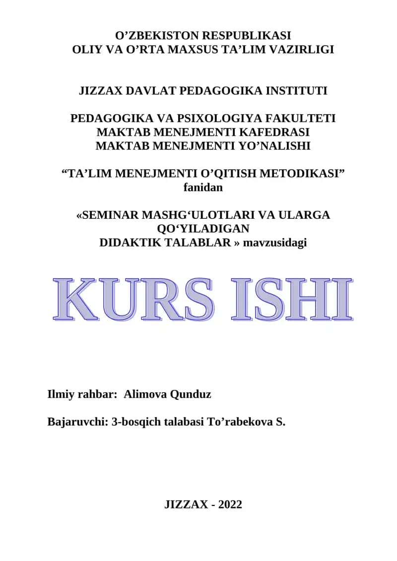 "TA’LIM MENEJMENTI O’QITISH METODIKASI" seminar mashg'ulotlari 1