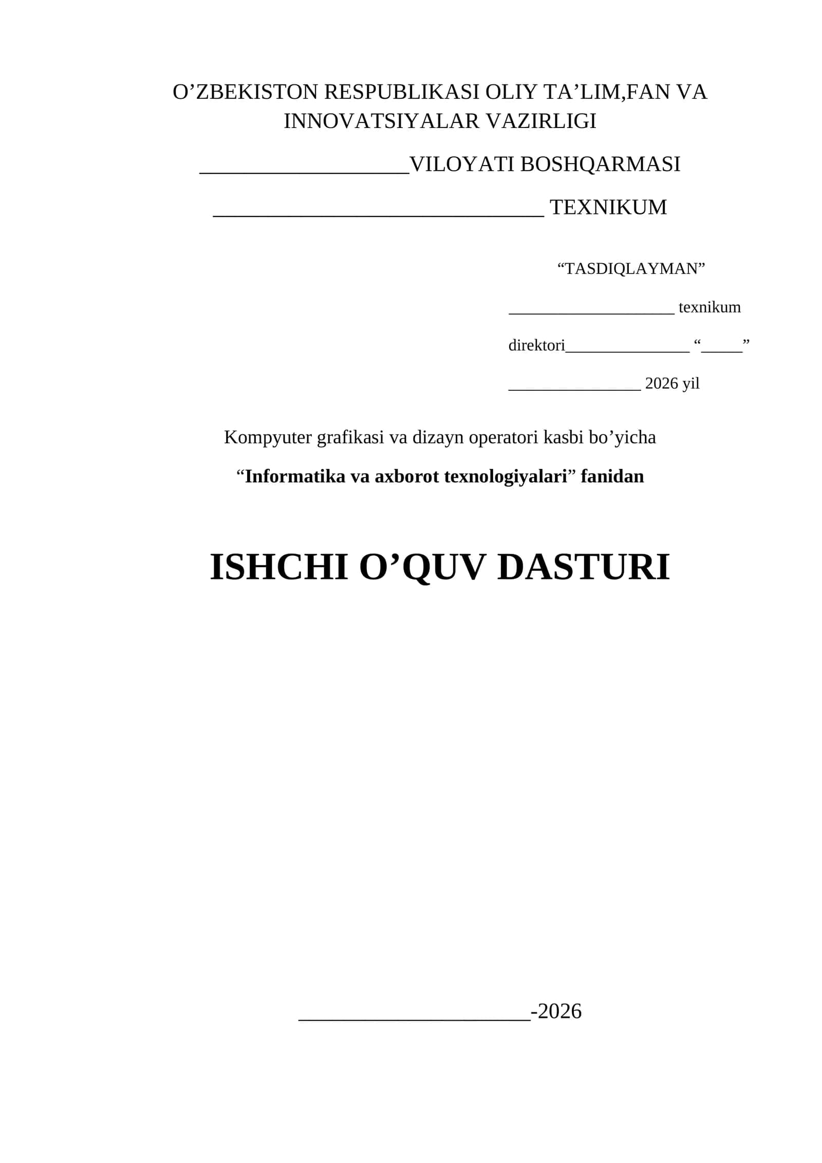Informatika va AT ishchi o'quv dastur 2026 1-kurslar uchun yangi 1