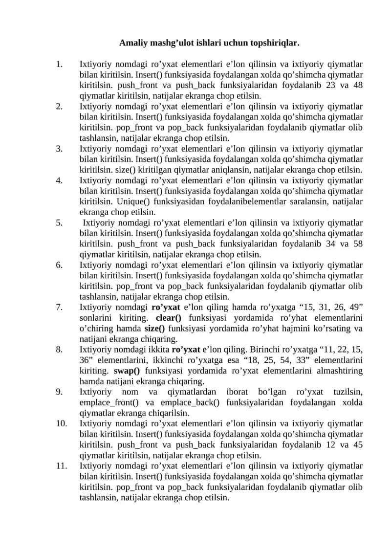 Ixtiyoriy nomdagi ro’yxat elementlariga operatsiyalar 1
