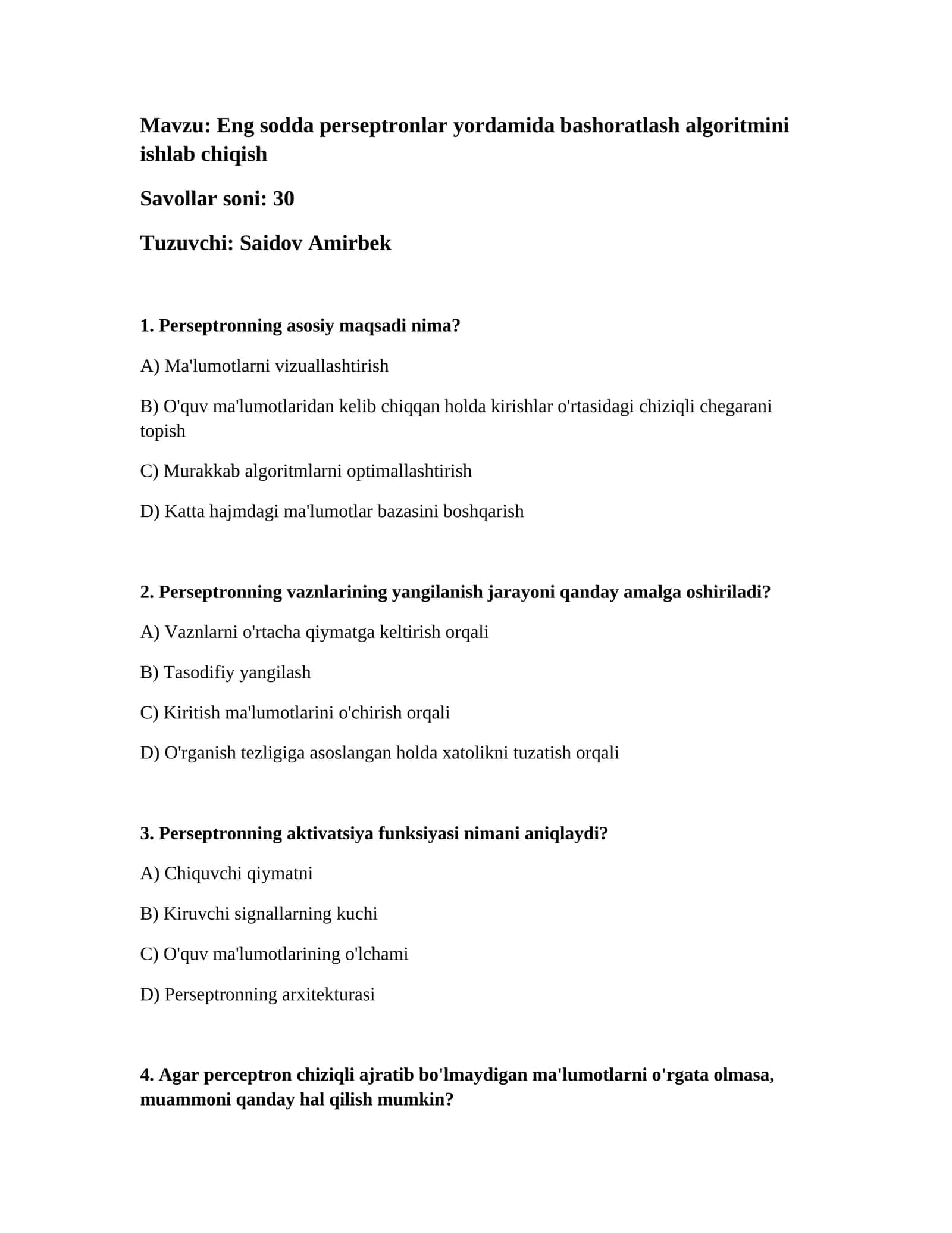 Eng sodda perseptronlar yordamida bashoratlash algoritmini ishlab chiqish 1