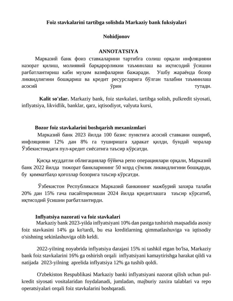 Foiz stavkalarini tartibga solishda Markaziy bank fuksiyalari 1