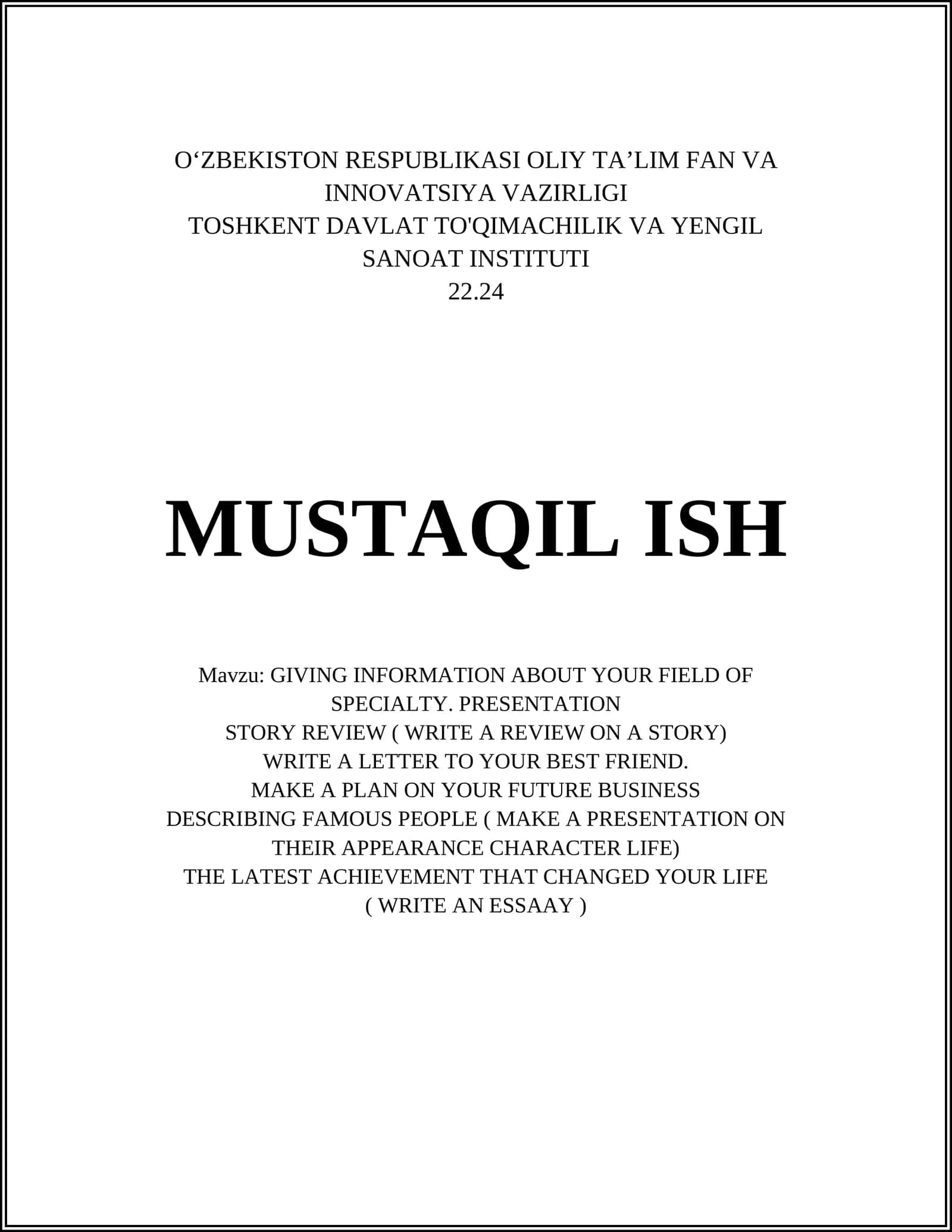 Mening mutaxassislik soham haqidagi ma'lumotlar 1