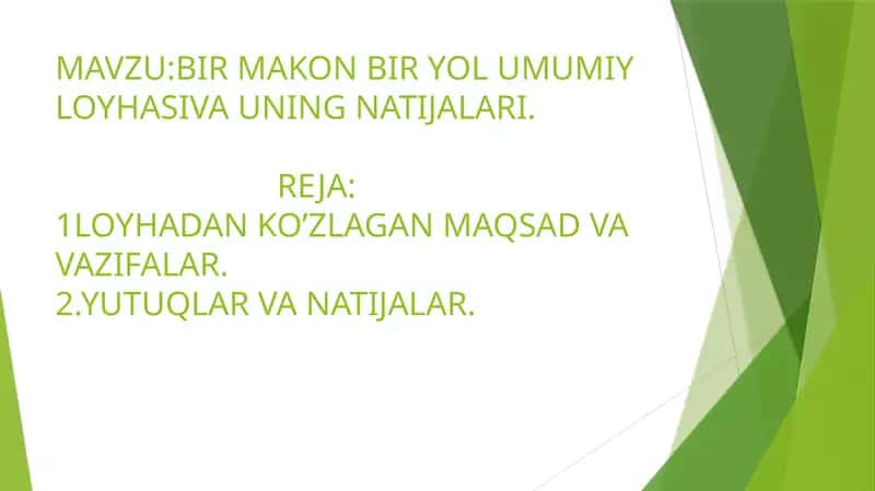 BIR MAKON BIR YOL UMUMIY LOYHASIVA UNING NATIJALARI 1