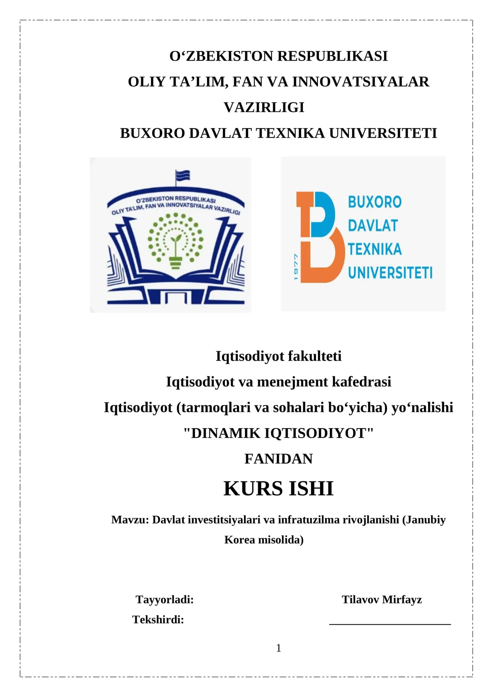 DINAMIK IQTISODIYOT KURS ISHI 1