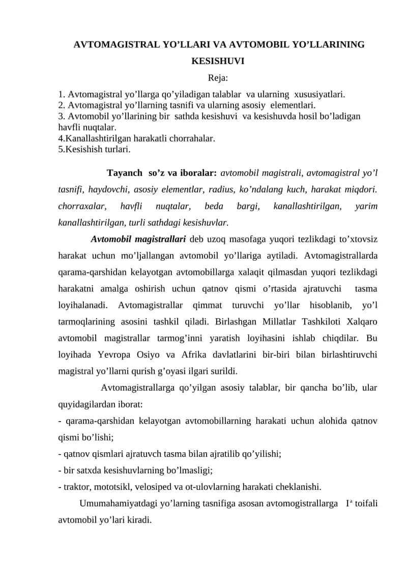 AVTOMAGISTRAL YO’LLARI VA AVTOMOBIL YO’LLARINING KESISHUVI 1