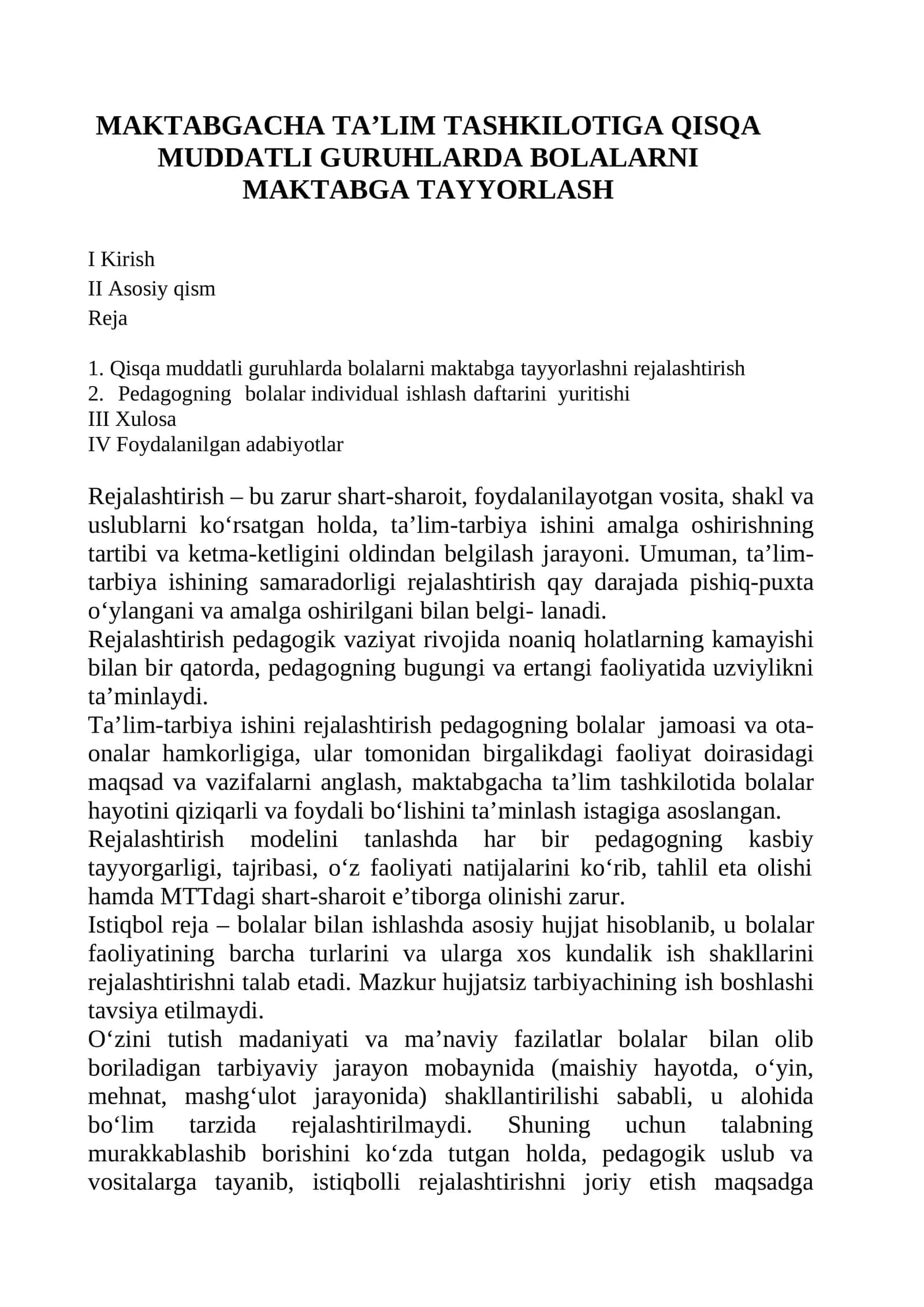 MAKTABGACHA TA’LIM TASHKILOTIGA QISQA MUDDATLI GURUHLARDA BOLALARNI MAKTABGA TAYYORLASH 1