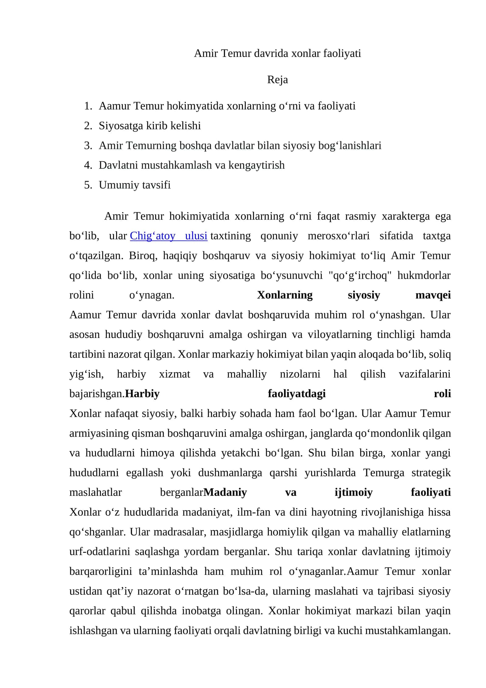 Amir Temur davrida xonlar faoliyati 1