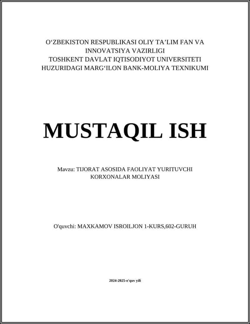 Tijorat asosida faoliyat yurituvchi korxonalar moliyasi 1