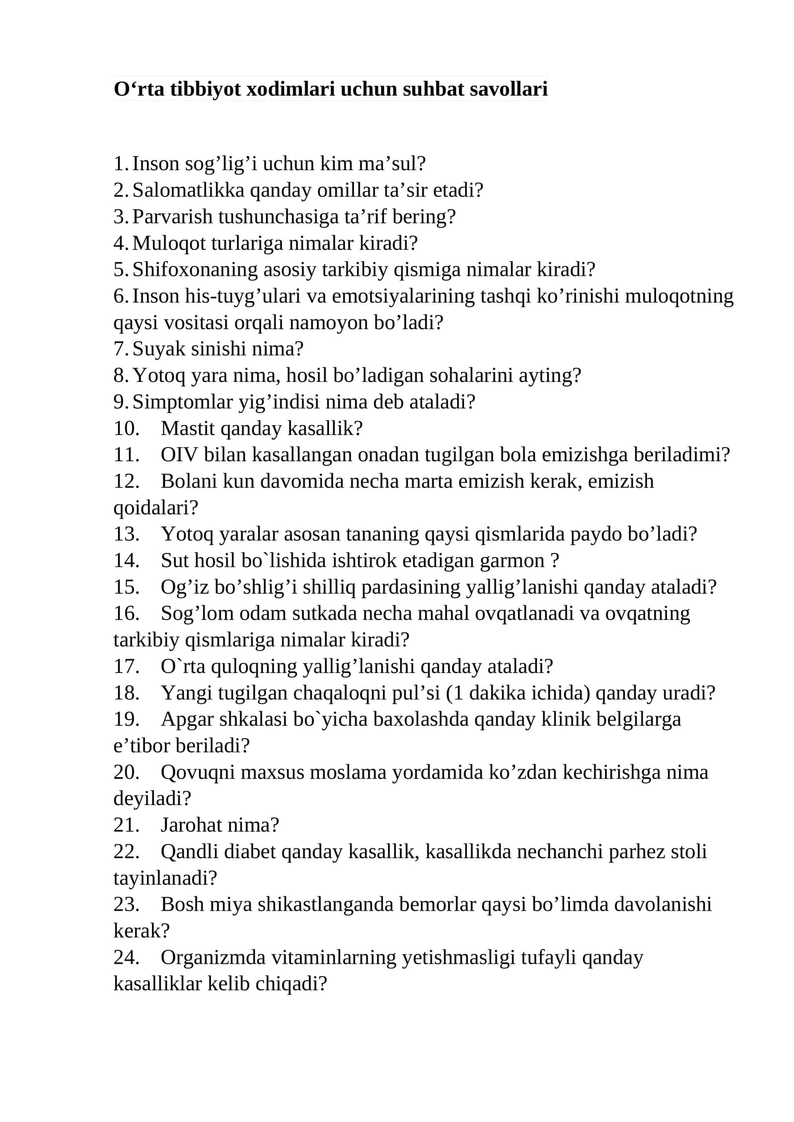 Argos suhbat sog'liqni saqlash (O‘rta tibbiyot xodimlari uchun) suhbat savollari 1