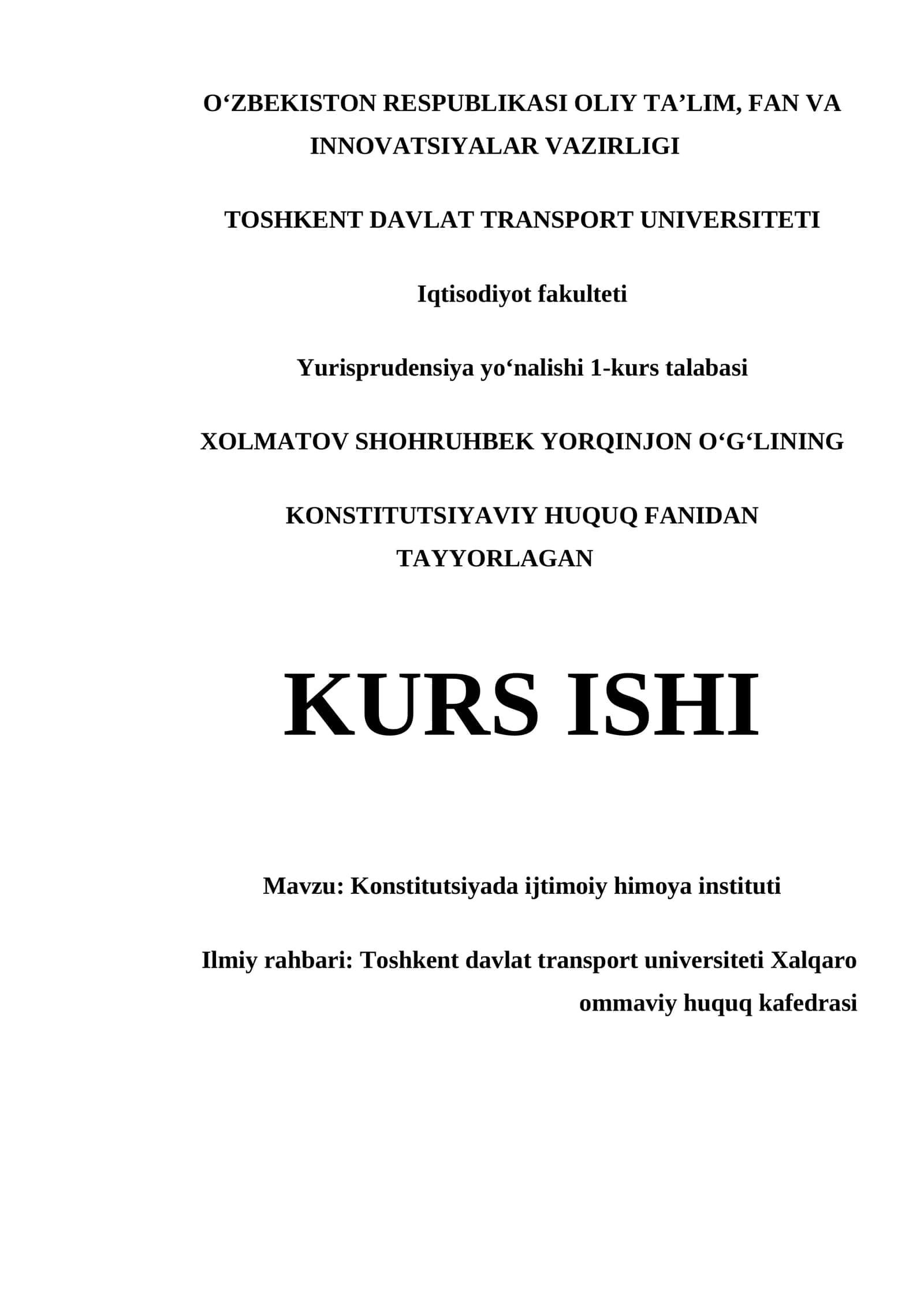 KONSTITUTSIYAVIY HUQUQ FANIDAN TAYYORLAGAN KURS ISHI 1