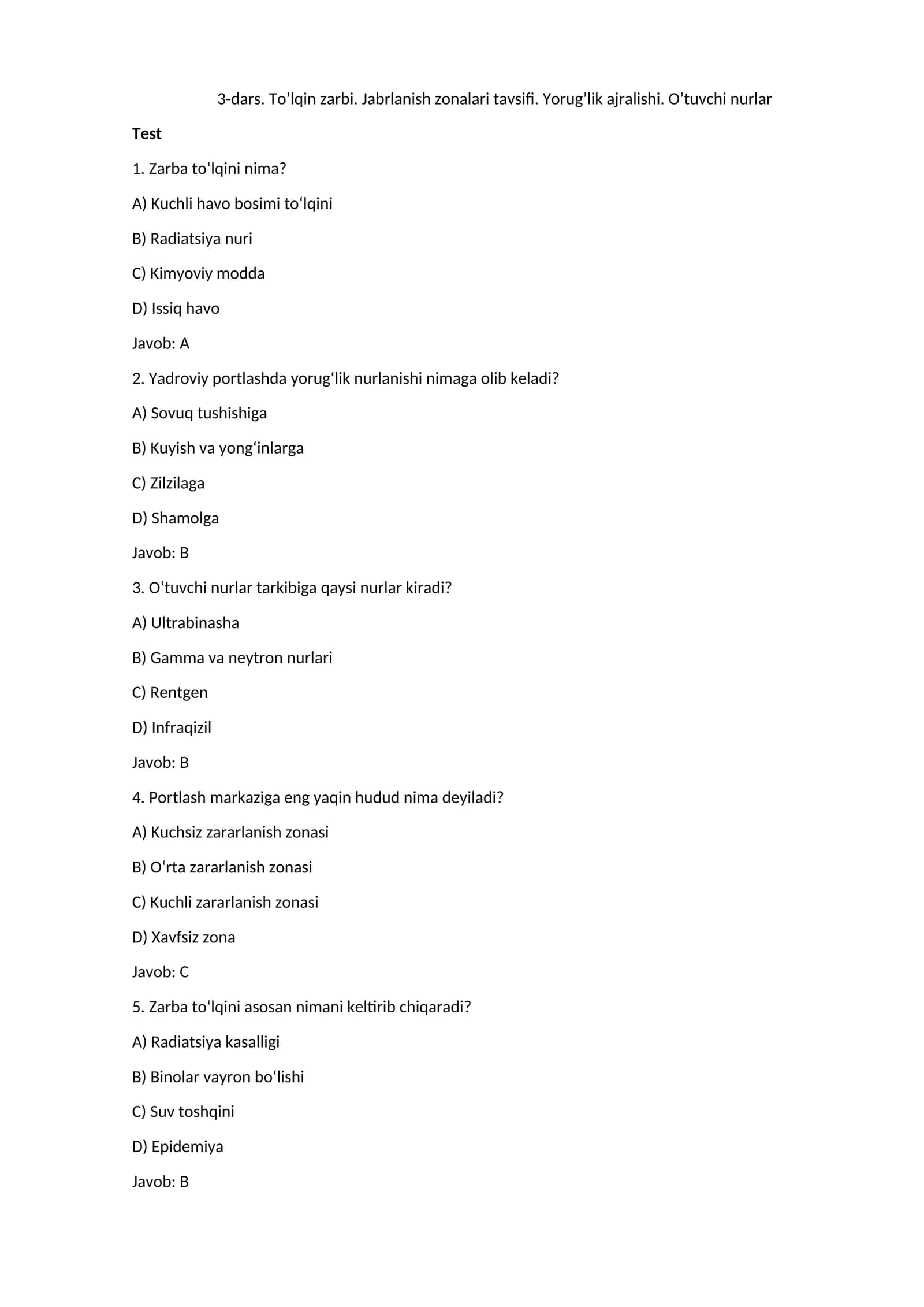 To’lqin zarbi. Jabrlanish zonalari tavsifi. Yorug’lik ajralishi. O’tuvchi nurlar 1