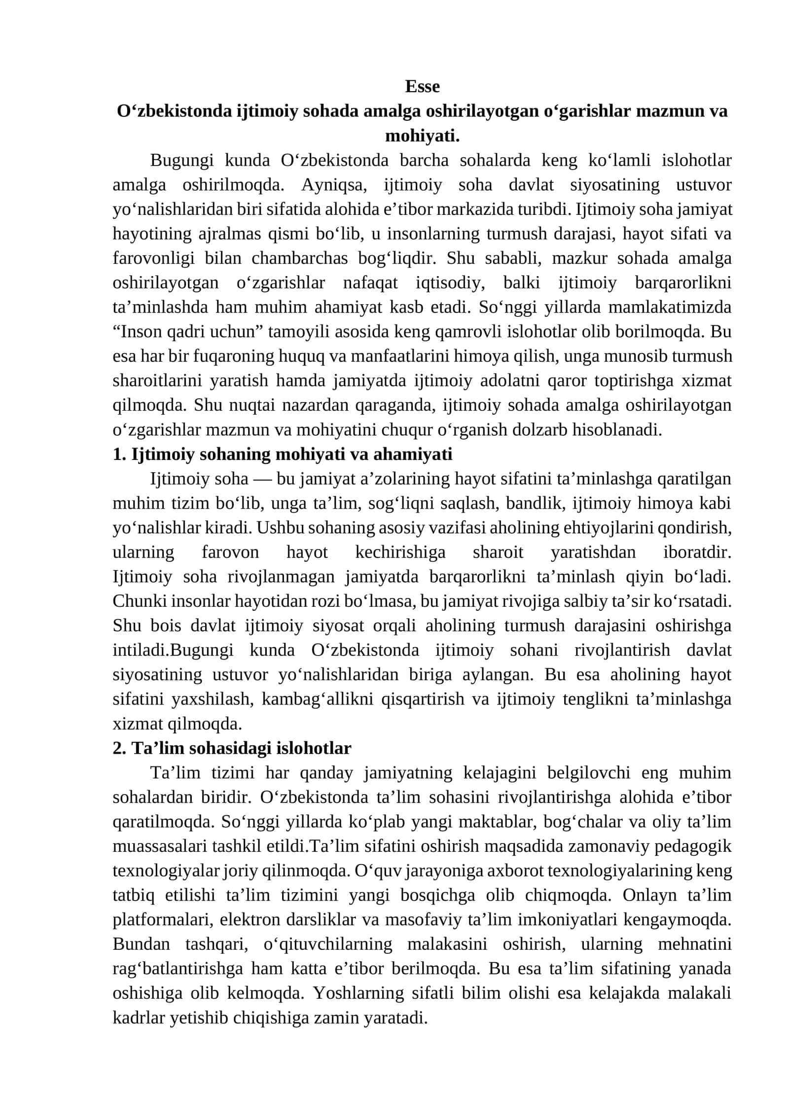 O‘zbekistonda ijtimoiy sohada amalga oshirilayotgan o‘garishlar mazmun va mohiyati. 1