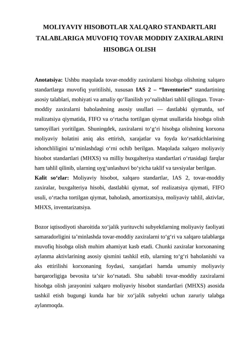 MOLIYAVIY HISOBOTLAR XALQARO STANDARTLARI TALABLARIGA MUVOFIQ TOVAR MODDIY ZAXIRALARINI HISOBGA OLISH 1