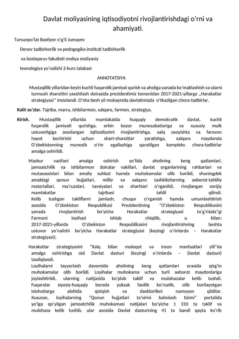 Mavzu: Davlat moliyasining iqtisodiyotni rivojlantirishdagi o’rni va ahamiyati. 1