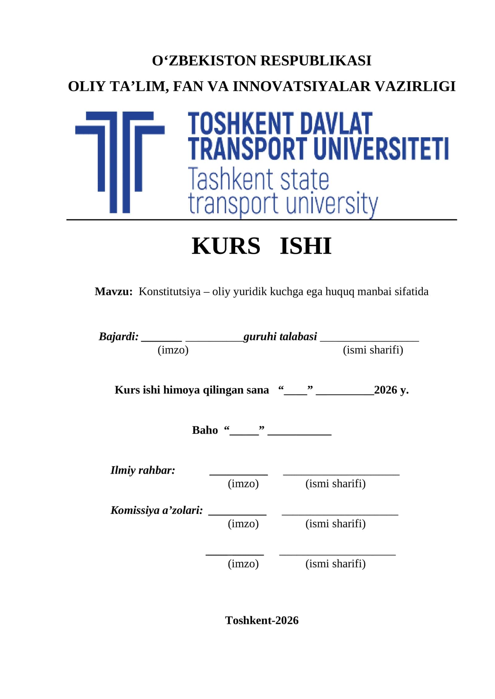 Konstitutsiya – oliy yuridik kuchga ega huquq manbai sifatida kurs ishi 1