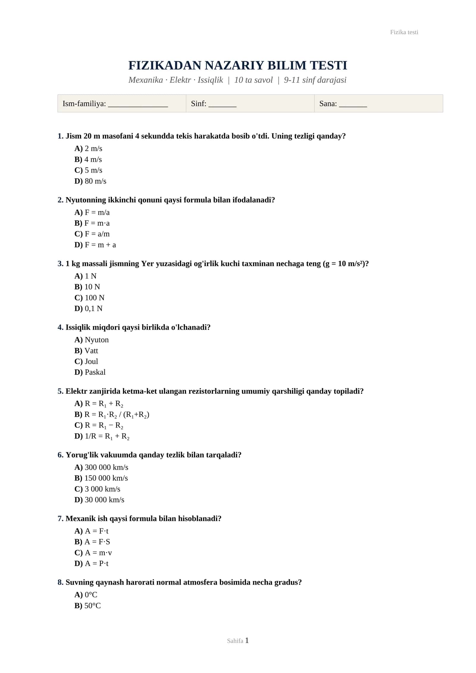 Fizika testi 1