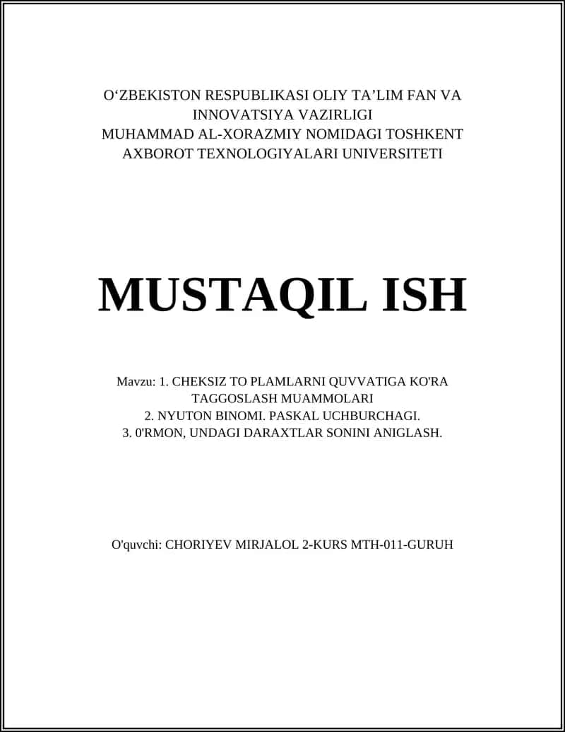 CHEKSIZ TO PLAMLARNI QUVVATIGA KO'RA TAGGOSLASH MUAMMOLARI 1