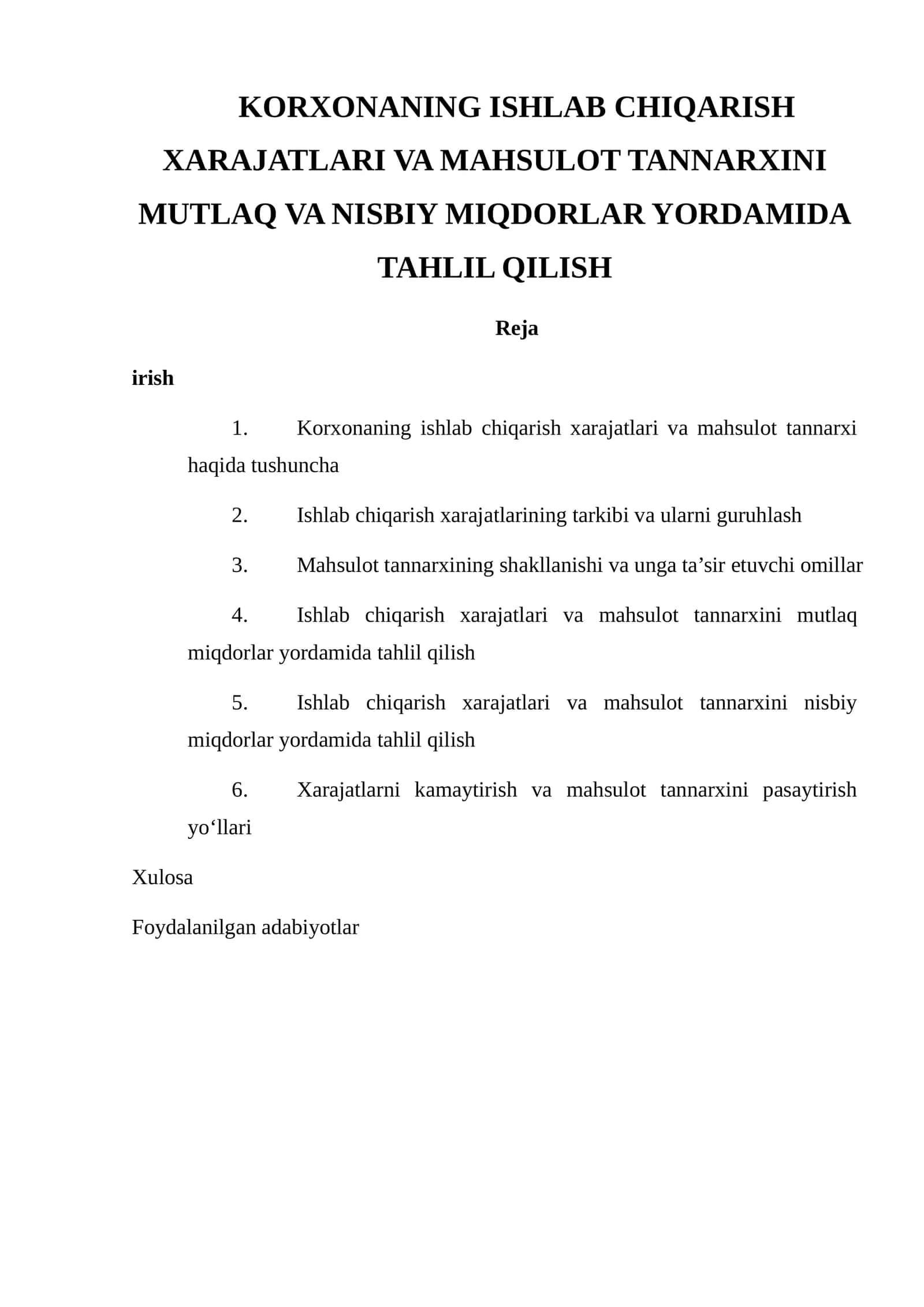 Mahsulot va xarajatlar tahlili 1