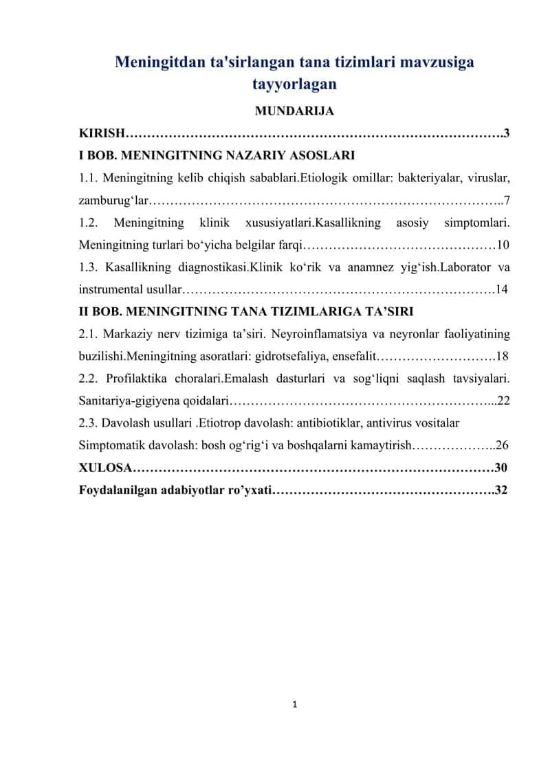 Meningitdan ta'sirlangan tana tizimlari mavzusiga tayyorlagan 1