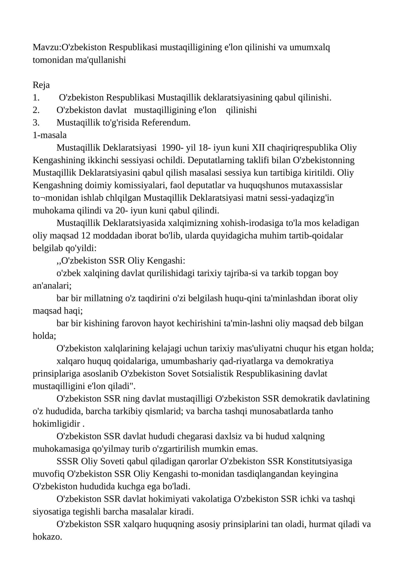 O'zbekiston Respublikasi Mustaqillik Deklaratsiyasi 1