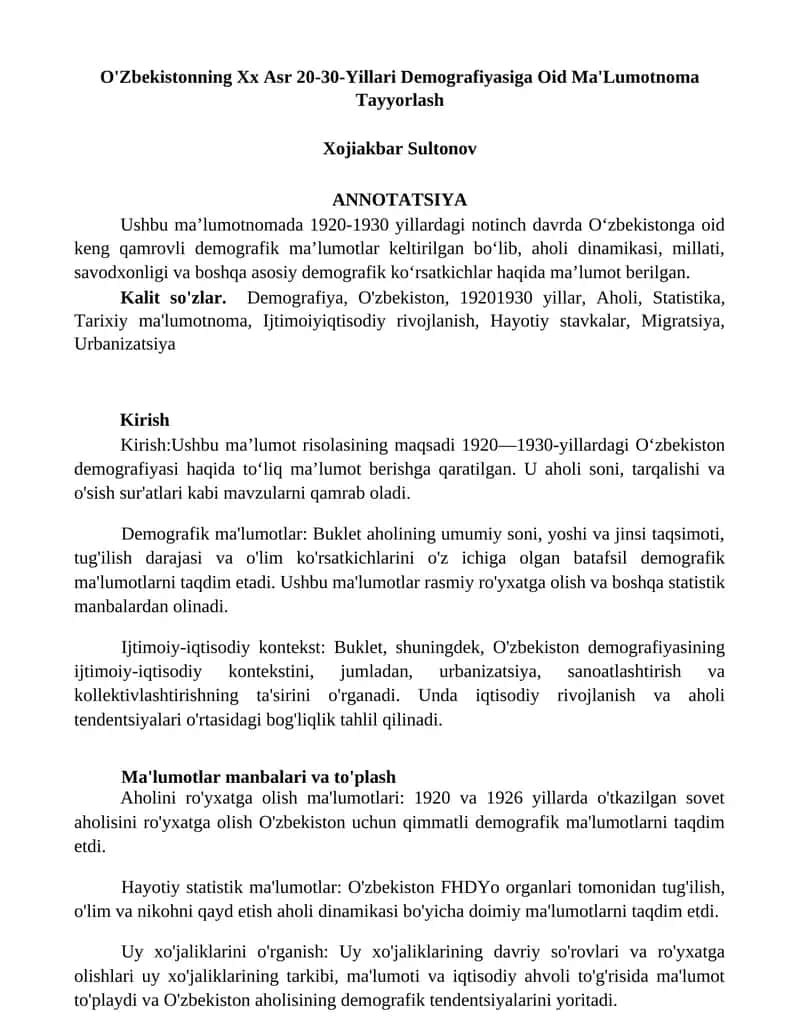 O'Zbekistonning Xx Asr 20-30-Yillari Demografiyasiga Oid Ma'Lumotnoma Tayyorlash 1