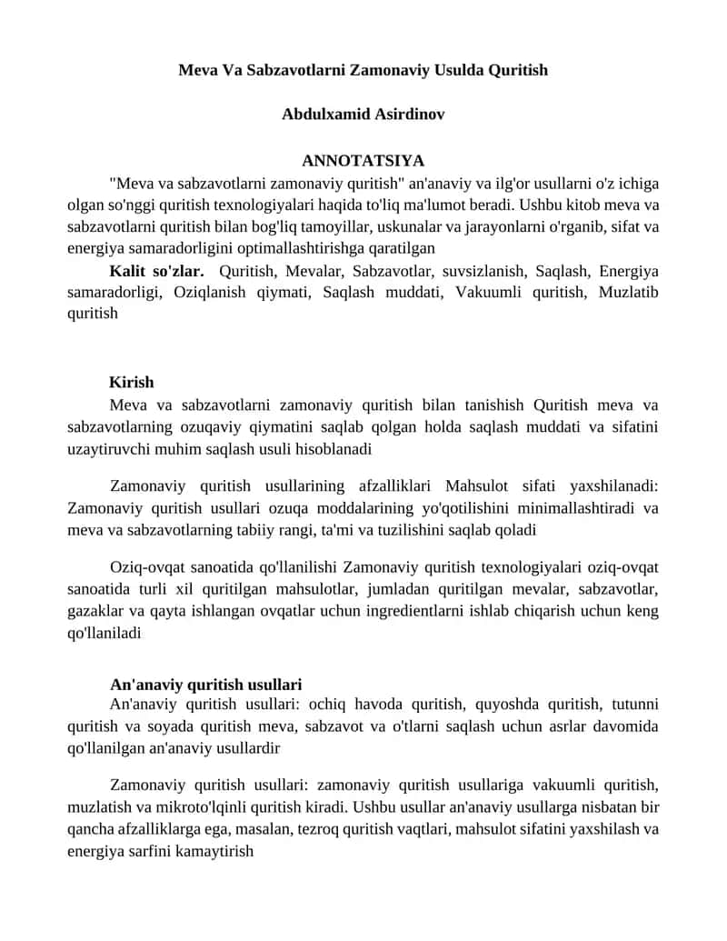 Meva Va Sabzavotlarni Zamonaviy Usulda Quritish 1