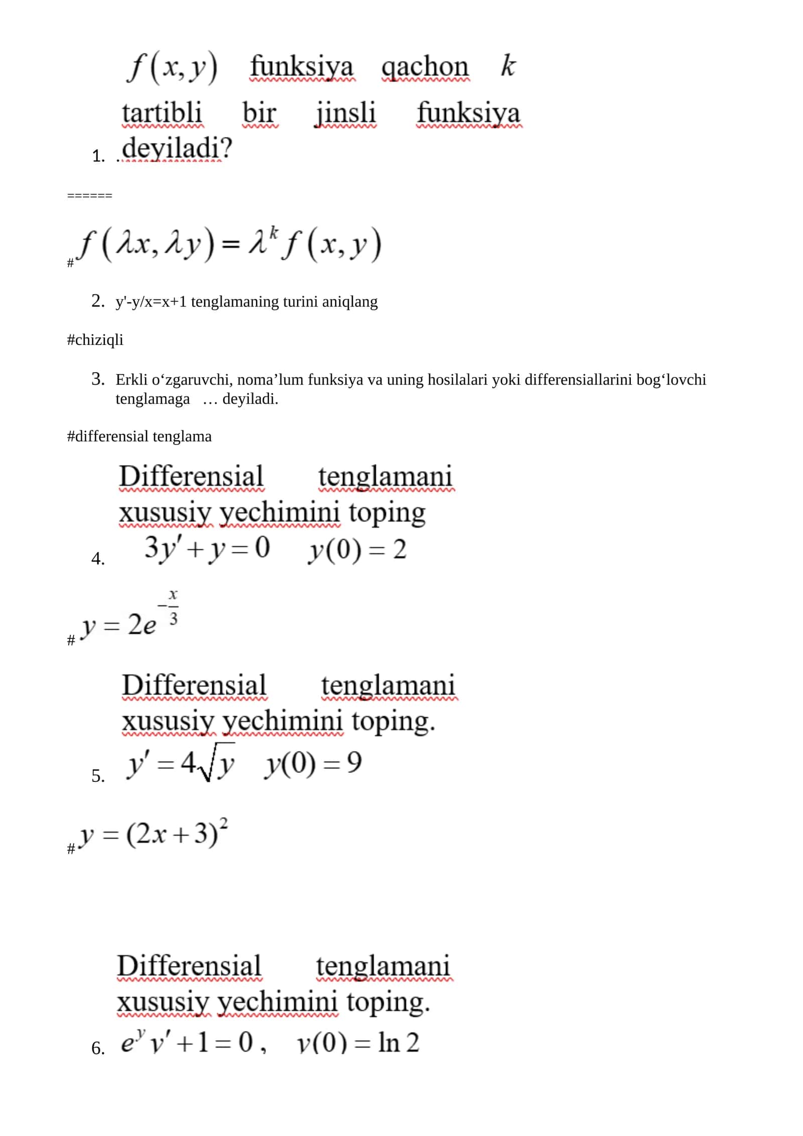 y'-y/x=x+1 tenglamaning turini aniqlang 1