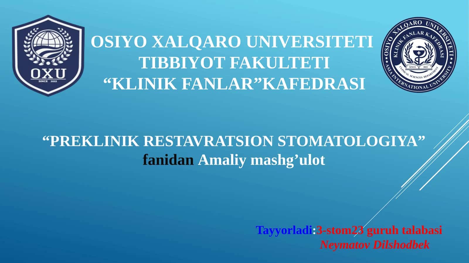 FANTOMLARDA II SINF KARIOZ BO‘SHLIQLARINI CHARXLASH VA PLOMBALASH 1