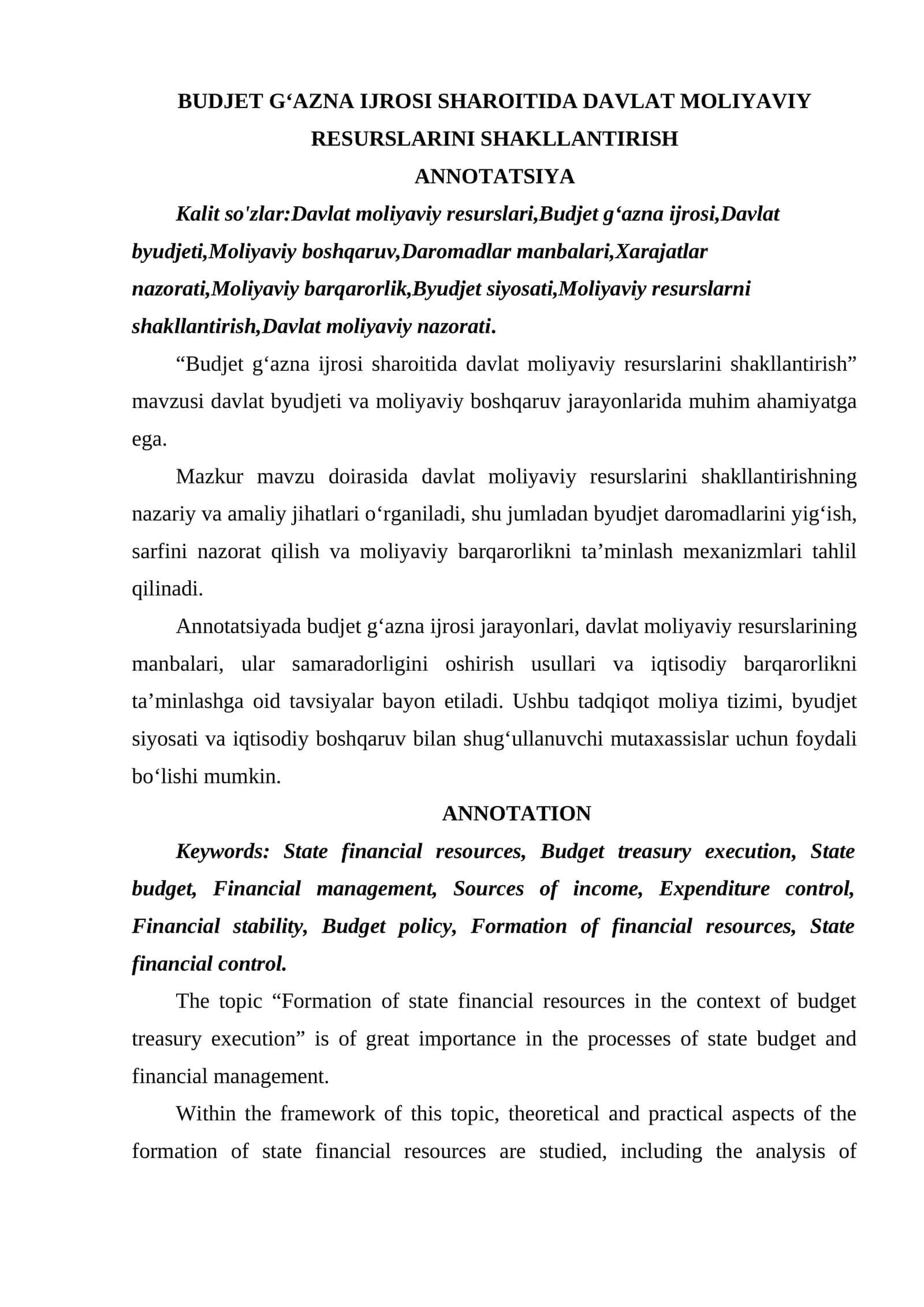 BUDJET GʻAZNA IJROSI SHAROITIDA DAVLAT MOLIYAVIY RESURSLARINI SHAKLLANTIRISH 1