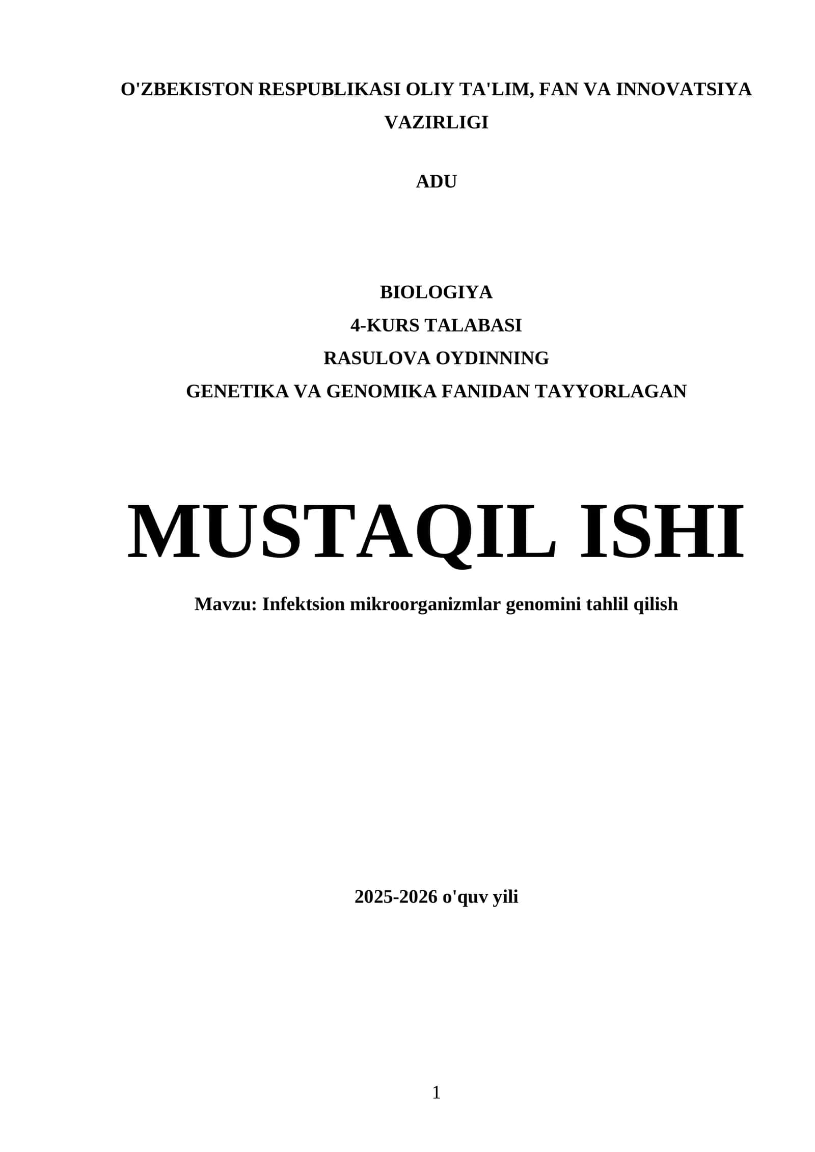 Genetika va Genomika Fanidan Tayyorlagan Mustaqil Ishi 1