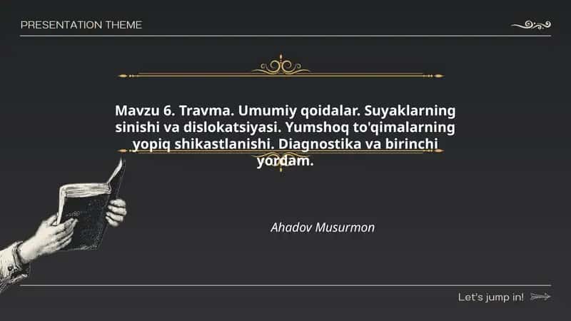 Travma. Umumiy qoidalar. Suyaklarning sinishi va dislokatsiyasi. Yumshoq to'qimalarning yopiq shikastlanishi. Diagnostika va birinchi yordam. 1