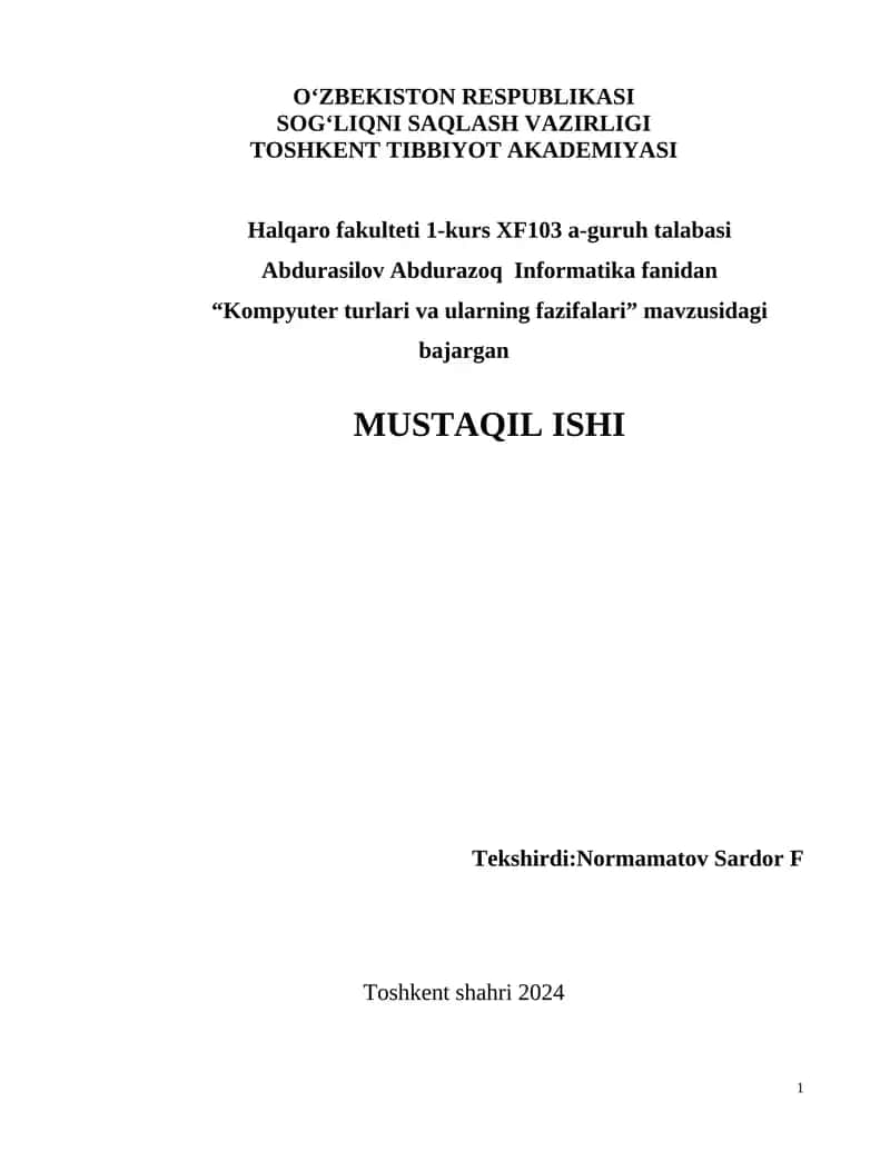 "Kompyuter turlari va ularning fazifalari" 1