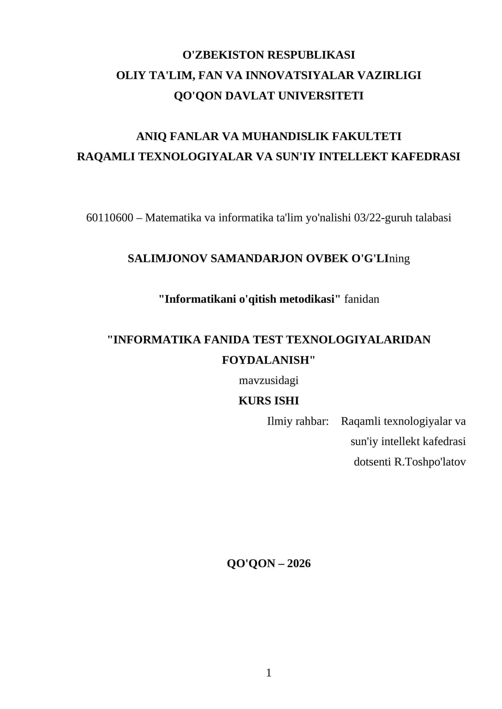 INFORMATIKA FANIDA TEST TEXNOLOGIYALARIDAN FOYDALANISH 1