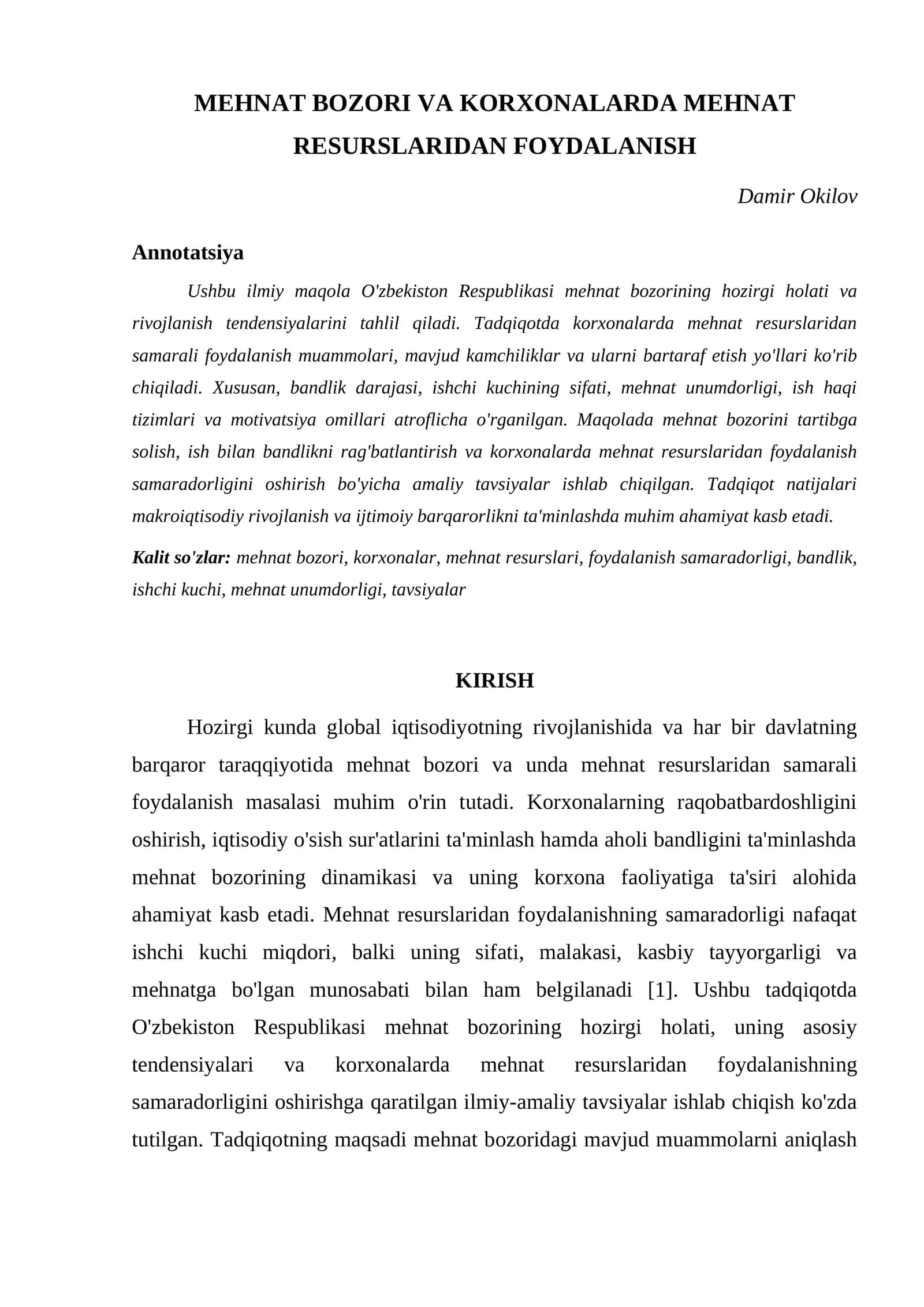 MEHNAT BOZORI VA KORXONALARDA MEHNAT RESURSLARIDAN FOYDALANISH 1