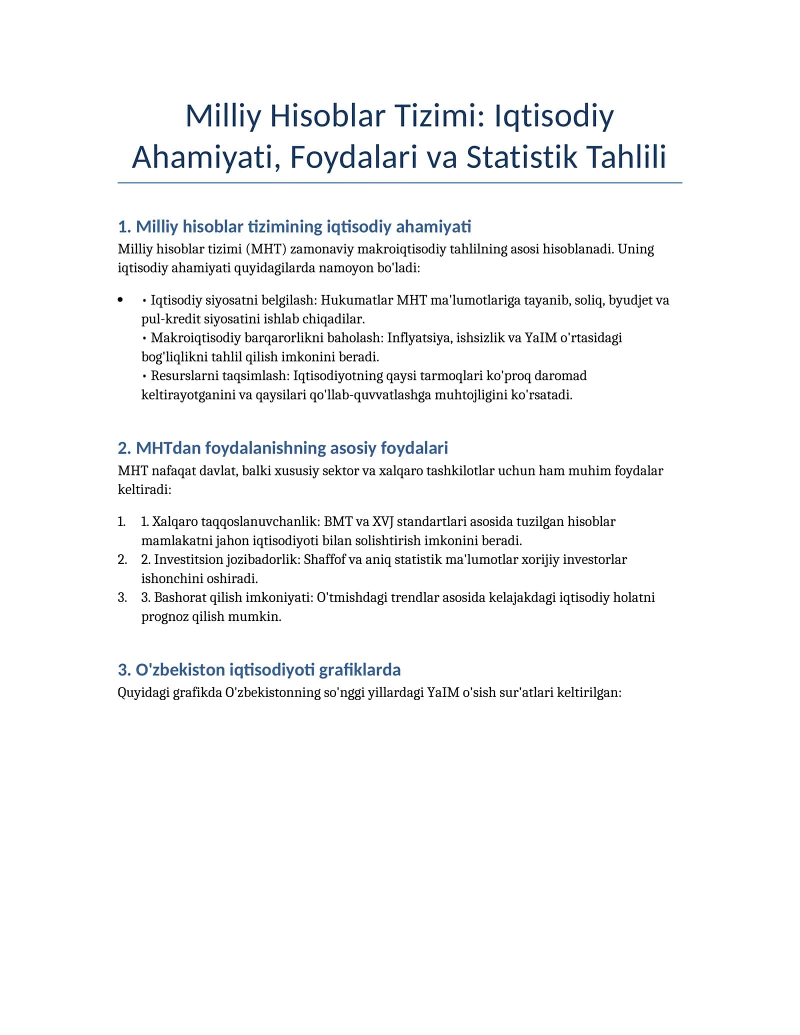 Milliy Hisoblar Tizimi: Iqtisodiy Ahamiyati, Foydalari va Statistik Tahlili 1