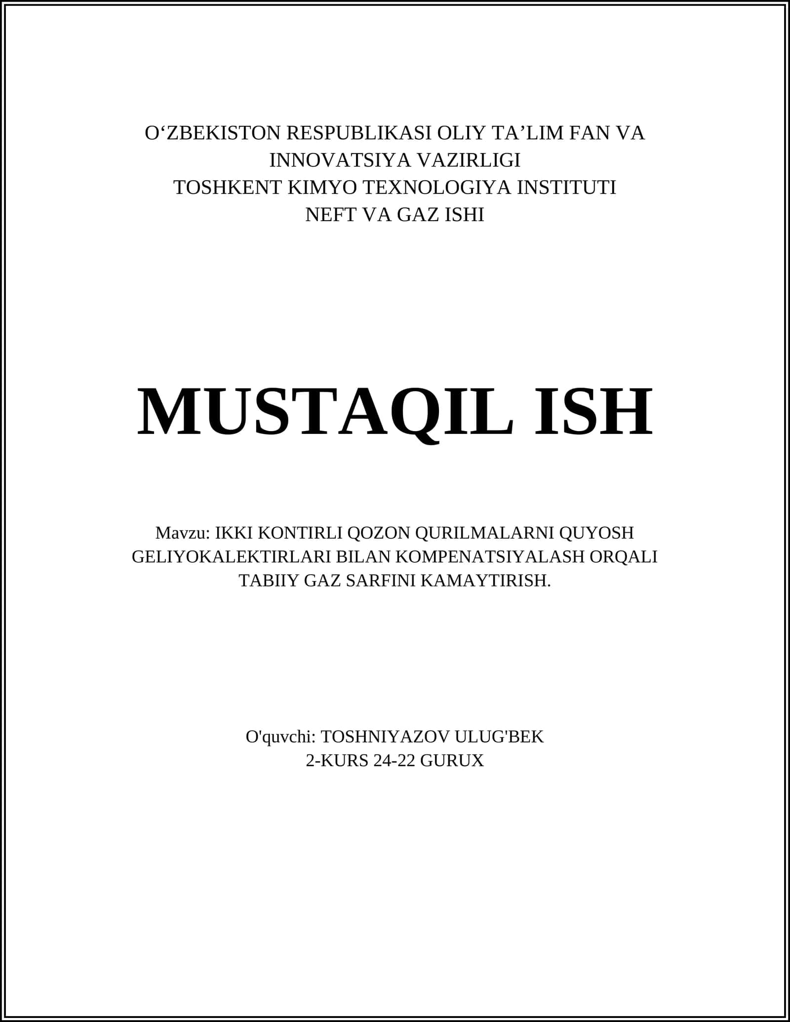 IKKI KONTIRLI QOZON QURILMALARNI QUYOSH GELIYOKALEKTIRLARI BILAN KOMPENATSIYALASH ORQALI TABIIY GAZ SARFINI KAMAYTIRISH 1
