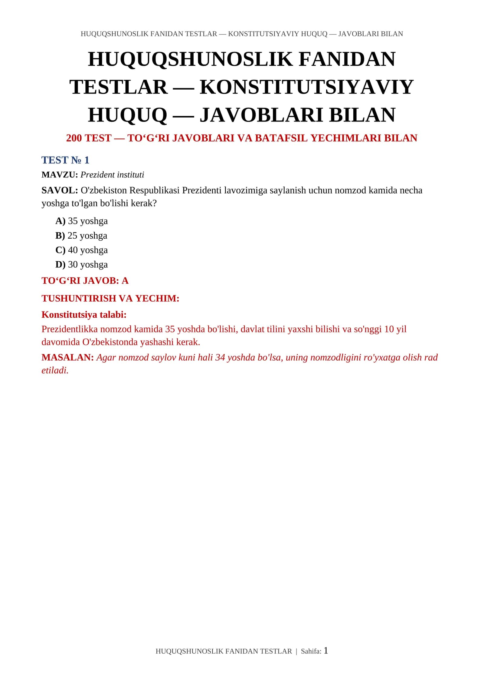 HUQUQSHUNOSLIK FANIDAN TESTLAR — KONSTITUTSIYAVIY HUQUQ — JAVOBLARI BILAN 1