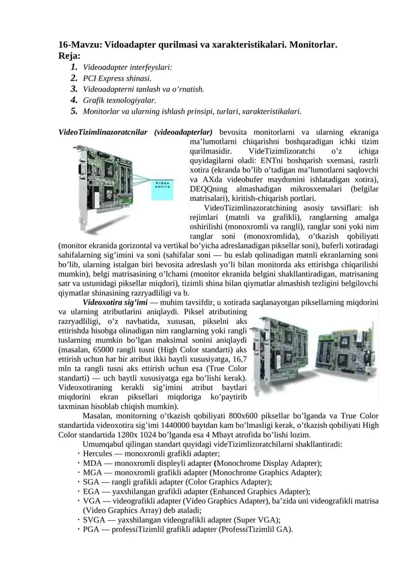 Vidoadapter qurilmasi va xarakteristikalari. Monitorlar. 1