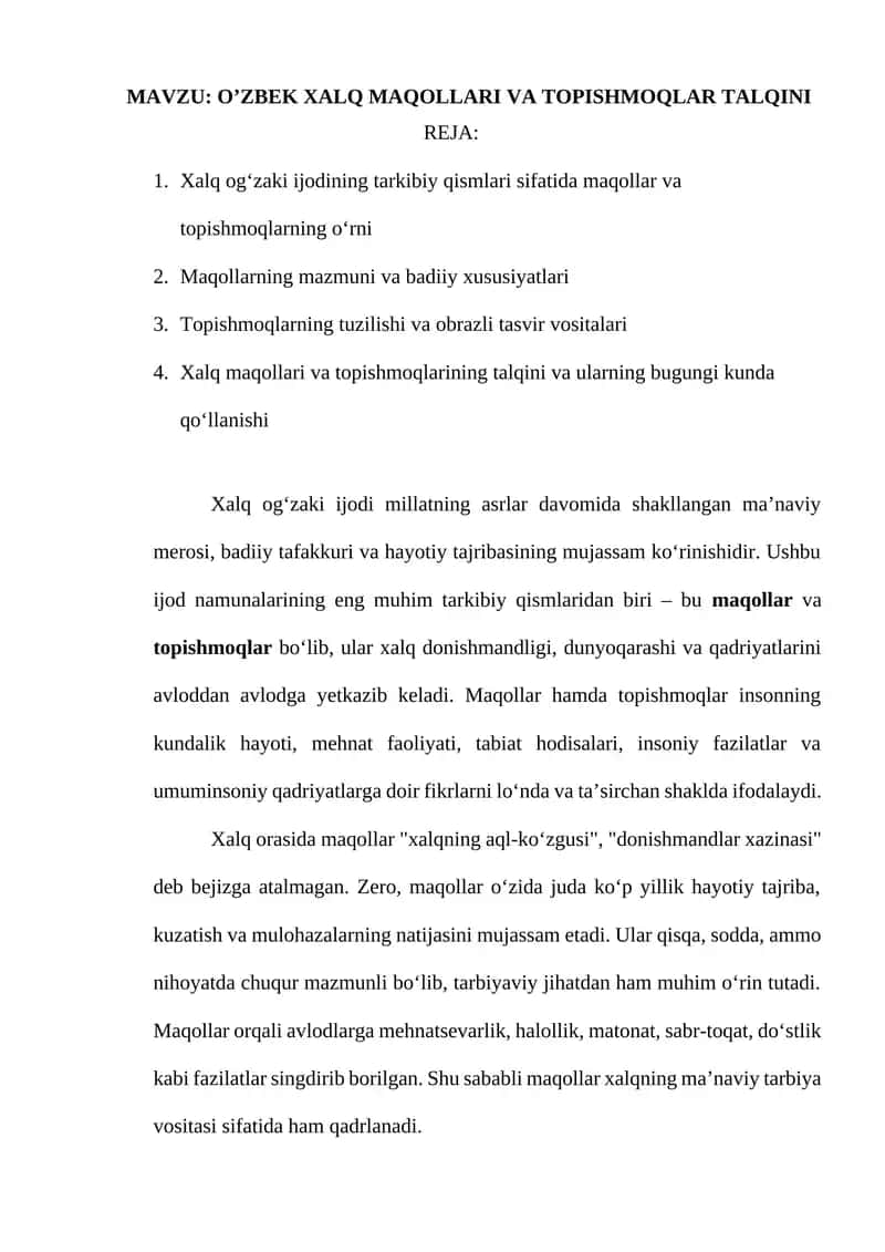 O’zbek xalq maqollari va topishmoqlar talqini 1