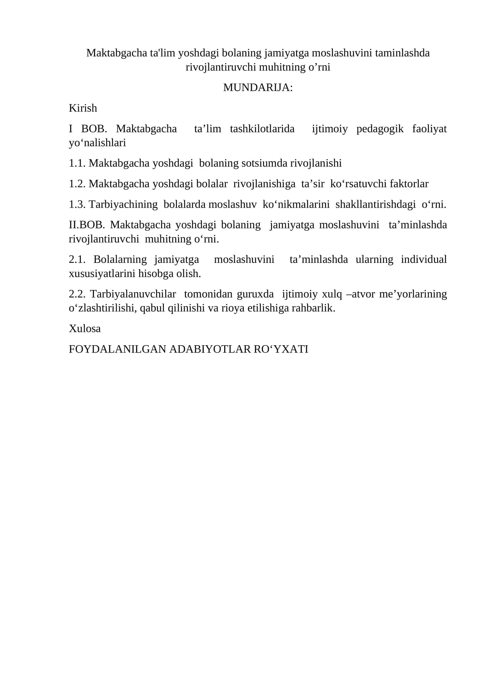 Maktabgacha ta'lim yoshdagi bolaning jamiyatga moslashuvini taminlashda rivojlantiruvchi muhitning o’rni 1