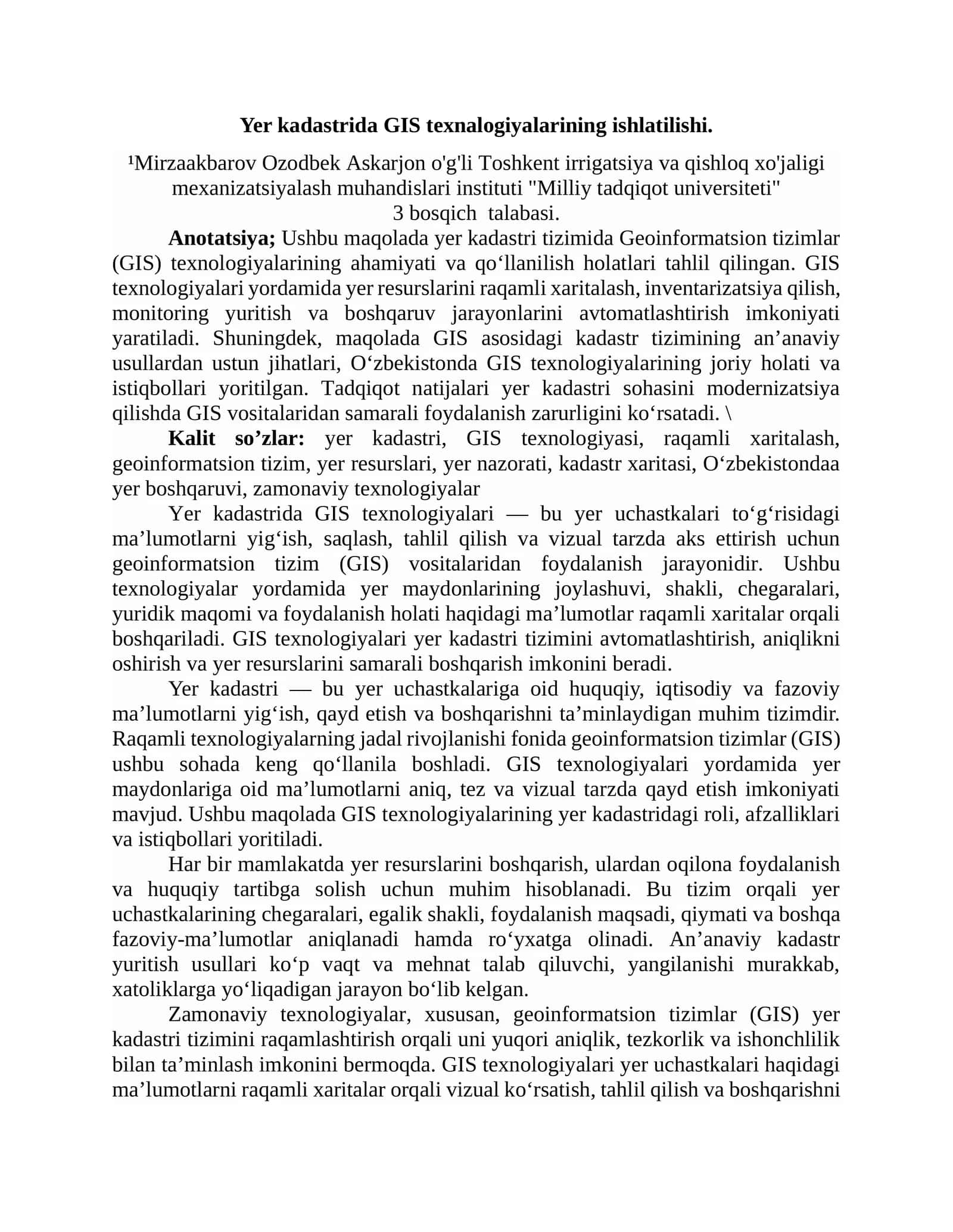 Yer kadastrida GIS texnalogiyalarining ishlatilishi 1