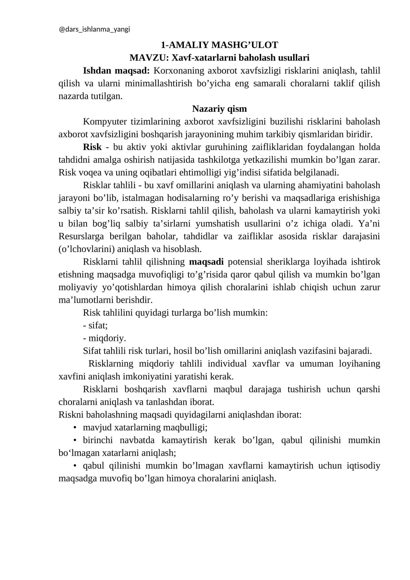 Xavf-xatarlarni baholash usullari 1