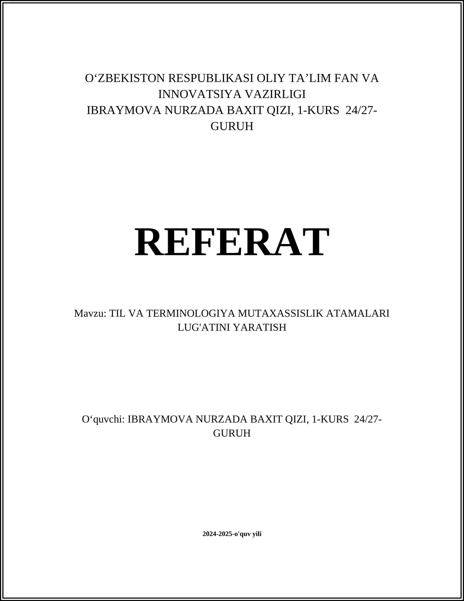 TIL VA TERMINOLOGIYA MUTAXASSISLIK ATAMALARI LUG'ATINI YARATISH 1