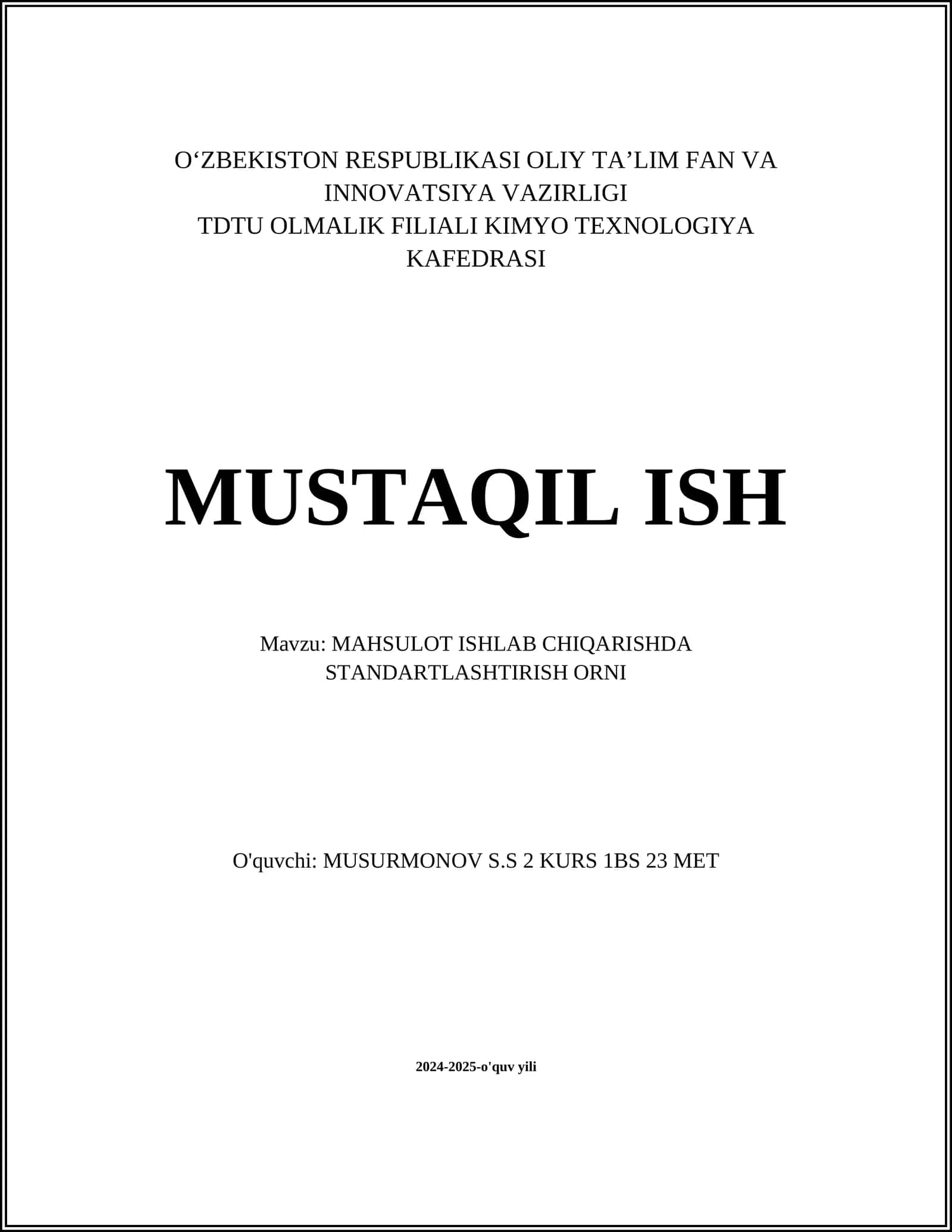 MAHSULOT ISHLAB CHIQARISHDA STANDARTLASHTIRISH ORNI 1
